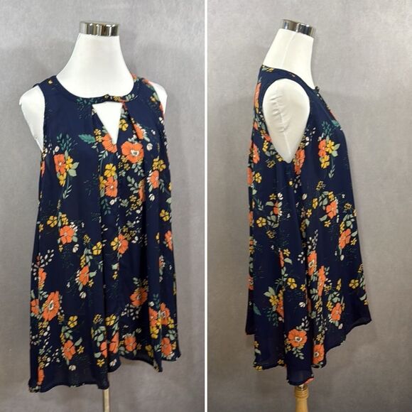 Jodifl Navy Blue Floral Short Sleeveless Tunic Dress Small keyhole Neck Boho - Picture 3 of 10
